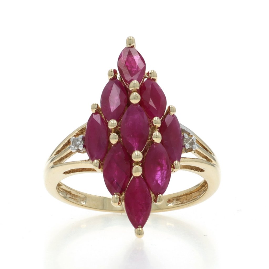 Yellow Gold Ruby Diamond Cluster Cocktail Ring  10k Marquise 272ctw